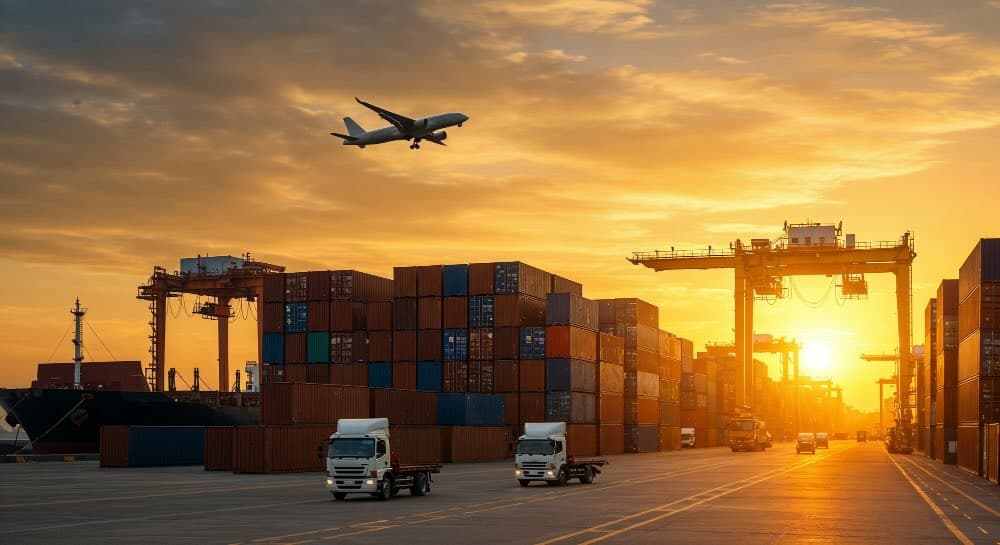 Port with shipping containers, trucks, and cargo transport at sunset, illustrating global logistics to export car from Dubai.